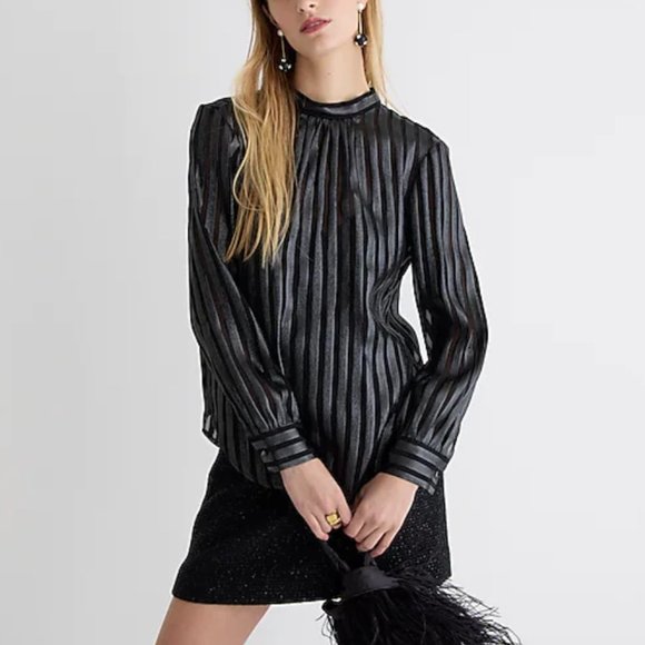 NWT: J.CREW Metallic chiffon mockneck top, Black, XS - Picture 1 of 14